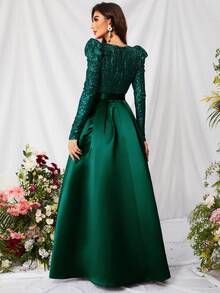 Đầm dạ hội dài tay sang trọng với thắt lưng đính sequin phối màu tương phản, thích hợp cho các buổi tiệc, đám cưới, lễ tốt nghiệp và các dịp khác. - Màu xanh lá cây đậm - Xem 2