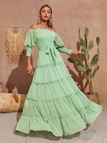 Vestido de hombros descubiertos ribete fruncido con cinturón bajo con fruncido - verde menta - Ver 1