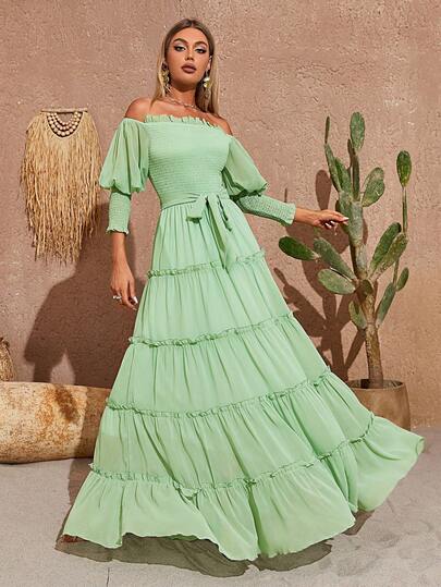 一字肩褶邊腰帶荷葉邊連衣裙