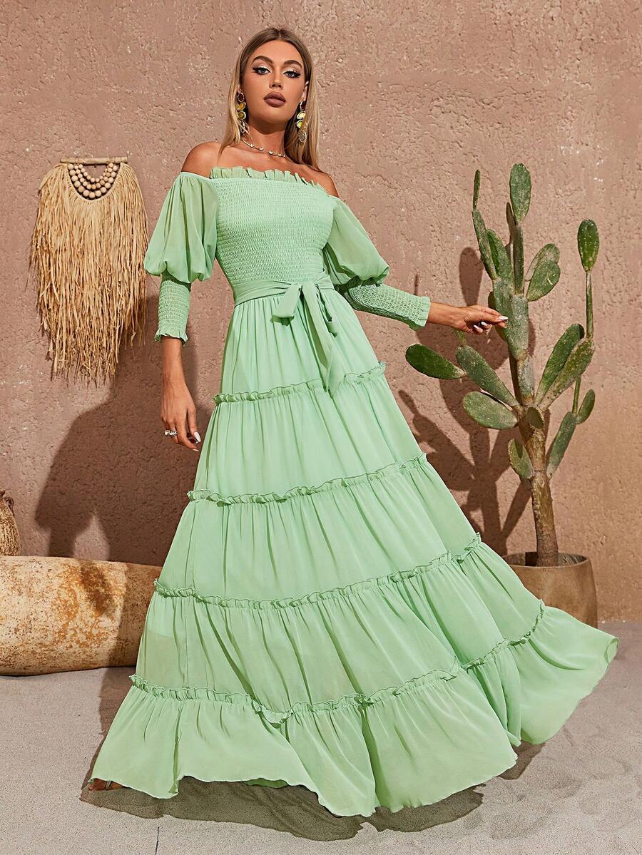 Vestido de hombros descubiertos ribete fruncido con cinturón bajo con fruncido - verde menta - Ver 1