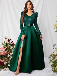 Đầm dạ hội dài tay sang trọng với thắt lưng đính sequin phối màu tương phản, thích hợp cho các buổi tiệc, đám cưới, lễ tốt nghiệp và các dịp khác. - Màu xanh lá cây đậm - Xem 3