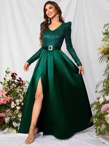Đầm dạ hội dài tay sang trọng với thắt lưng đính sequin phối màu tương phản, thích hợp cho các buổi tiệc, đám cưới, lễ tốt nghiệp và các dịp khác. - Màu xanh lá cây đậm - Xem 5