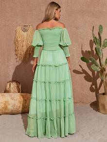 Vestido de hombros descubiertos ribete fruncido con cinturón bajo con fruncido - verde menta - Ver 2