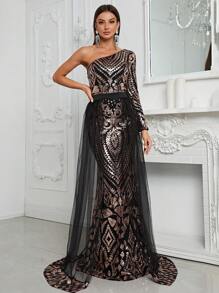 YISIKADO One Shoulder Mesh Overlay Sequin Formal Dress - Multicolor - View 1