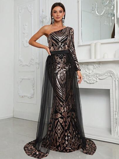 YISIKADO One Shoulder Mesh Overlay Sequin Formal Dress