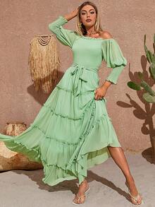 Vestido de hombros descubiertos ribete fruncido con cinturón bajo con fruncido - verde menta - Ver 3