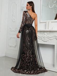 YISIKADO One Shoulder Mesh Overlay Sequin Formal Dress - Multicolor - View 2