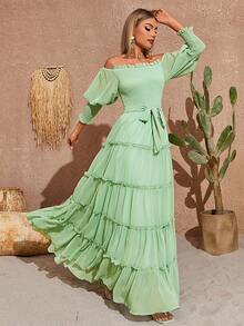 Vestido de hombros descubiertos ribete fruncido con cinturón bajo con fruncido - verde menta - Ver 4