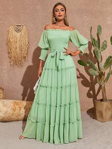 Vestido de hombros descubiertos ribete fruncido con cinturón bajo con fruncido - verde menta - Ver 5