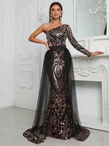 YISIKADO One Shoulder Mesh Overlay Sequin Formal Dress - Multicolor - View 3