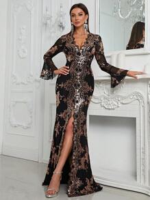 YISIKADO 荷葉袖高衩亮片正式連衣裙 - 黑色 - 查看 1