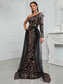 YISIKADO One Shoulder Mesh Overlay Sequin Formal Dress - Multicolor - View 4