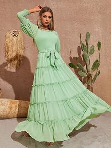 Vestido de hombros descubiertos ribete fruncido con cinturón bajo con fruncido - verde menta - Ver 6