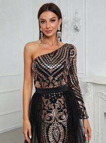 YISIKADO One Shoulder Mesh Overlay Sequin Formal Dress - Multicolor - View 5