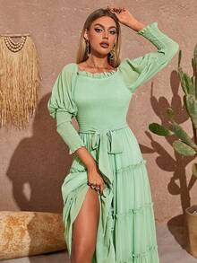 Vestido de hombros descubiertos ribete fruncido con cinturón bajo con fruncido - verde menta - Ver 7