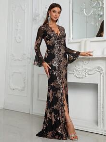 YISIKADO 荷葉袖高衩亮片正式連衣裙 - 黑色 - 查看 4