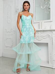YISIKADO Contrast Mesh Mermaid Hem Sequin Cami Party Dress - Mint Green - View 1