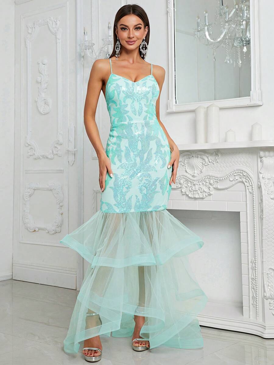 YISIKADO Contrast Mesh Mermaid Hem Sequin Cami Party Dress - Mint Green - View 1