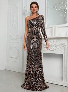 YISIKADO One Shoulder Mesh Overlay Sequin Formal Dress - Multicolor - View 6