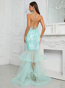 YISIKADO Contrast Mesh Mermaid Hem Sequin Cami Party Dress - Mint Green - View 2