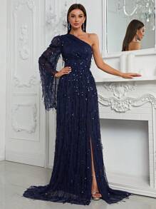 YISIKADO Asymmetrical Neck Split Thigh Sequin Formal Dress Elegant Long Sleeve Prom Evening Wedding Guest Gown, For Graduation, Dinner Party Dress - Navy Blue - View 2