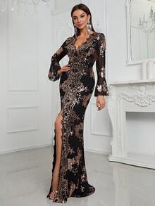 YISIKADO 荷葉袖高衩亮片正式連衣裙 - 黑色 - 查看 5