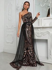 YISIKADO One Shoulder Mesh Overlay Sequin Formal Dress - Multicolor - View 7
