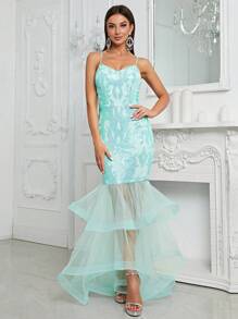 YISIKADO Contrast Mesh Mermaid Hem Sequin Cami Party Dress - Mint Green - View 3