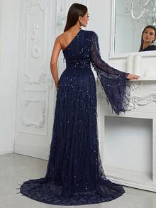 YISIKADO Asymmetrical Neck Split Thigh Sequin Formal Dress Elegant Long Sleeve Prom Evening Wedding Guest Gown, For Graduation, Dinner Party Dress - Navy Blue - View 3