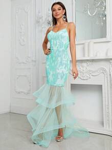 YISIKADO Contrast Mesh Mermaid Hem Sequin Cami Party Dress - Mint Green - View 4