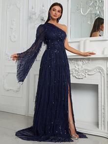 YISIKADO Asymmetrical Neck Split Thigh Sequin Formal Dress Elegant Long Sleeve Prom Evening Wedding Guest Gown, For Graduation, Dinner Party Dress - Navy Blue - View 4