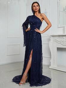 YISIKADO Asymmetrical Neck Split Thigh Sequin Formal Dress Elegant Long Sleeve Prom Evening Wedding Guest Gown, For Graduation, Dinner Party Dress - Navy Blue - View 5