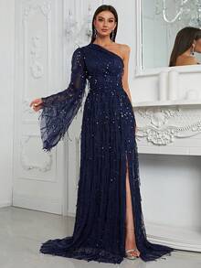 YISIKADO Asymmetrical Neck Split Thigh Sequin Formal Dress Elegant Long Sleeve Prom Evening Wedding Guest Gown, For Graduation, Dinner Party Dress - Navy Blue - View 6