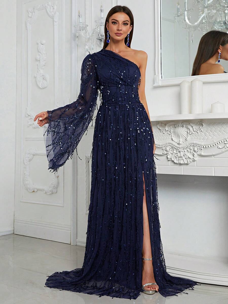YISIKADO Đầm dạ hội dài tay đính sequin, cổ lệch, xẻ đùi, thanh lịch, thích hợp cho tiệc prom, đám cưới, lễ tốt nghiệp, tiệc tối mùa xuân.