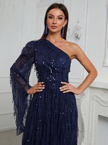 YISIKADO Asymmetrical Neck Split Thigh Sequin Formal Dress Elegant Long Sleeve Prom Evening Wedding Guest Gown, For Graduation, Dinner Party Dress - Navy Blue - View 7