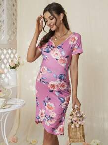 DEARCASE 孕婦印花V領連衣裙 - 粉色 - 查看 1