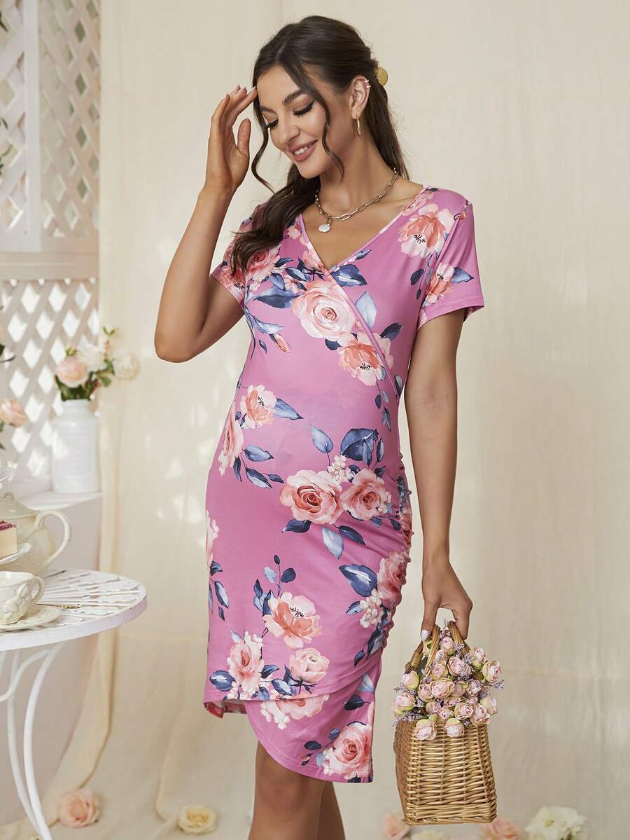 DEARCASE 孕婦印花V領連衣裙 - 粉色 - 查看 1