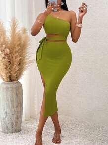One Shoulder Cut Out Knot Side Split Thigh Dress - Olive Green - View 1