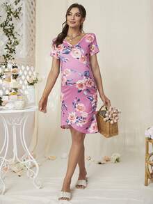 DEARCASE 孕婦印花V領連衣裙 - 粉色 - 查看 3