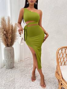 One Shoulder Cut Out Knot Side Split Thigh Dress - Olive Green - View 6
