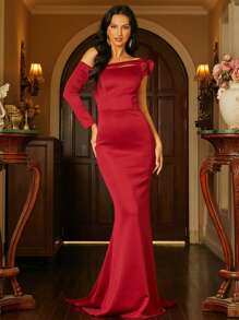 Missord 素色不對稱領荷葉邊正式連衣裙 - 酒紅色 - 查看 1