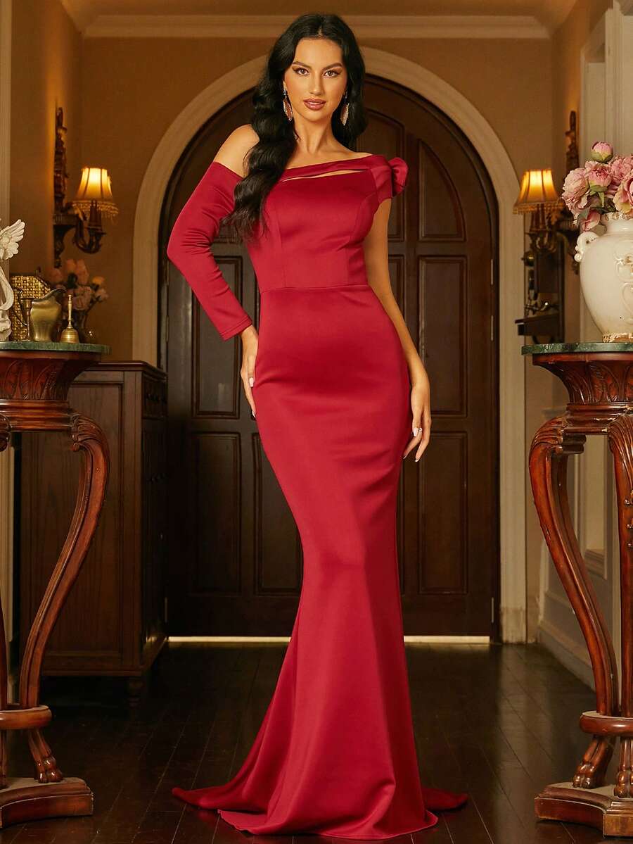 Missord 素色不對稱領荷葉邊正式連衣裙 - 酒紅色 - 查看 1