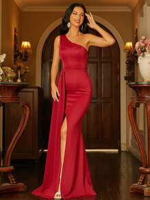 Missord One Shoulder Draped Side Split Thigh Formal Dress - Red - View 1