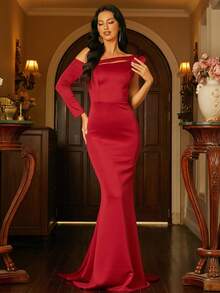 Missord 素色不對稱領荷葉邊正式連衣裙 - 酒紅色 - 查看 4