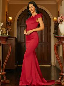 Missord 素色不對稱領荷葉邊正式連衣裙 - 酒紅色 - 查看 5