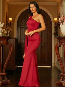Missord One Shoulder Draped Side Split Thigh Formal Dress - Red - View 3