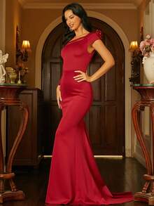 Missord 素色不對稱領荷葉邊正式連衣裙 - 酒紅色 - 查看 6