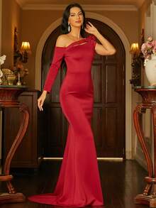 Missord 素色不對稱領荷葉邊正式連衣裙 - 酒紅色 - 查看 8