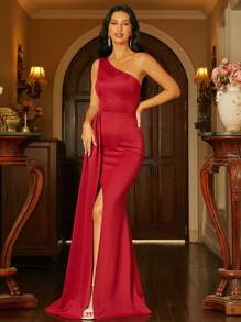 Missord One Shoulder Draped Side Split Thigh Formal Dress - Red - View 6