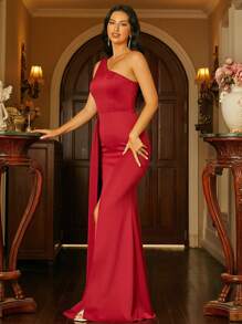 Missord One Shoulder Draped Side Split Thigh Formal Dress - Red - View 7